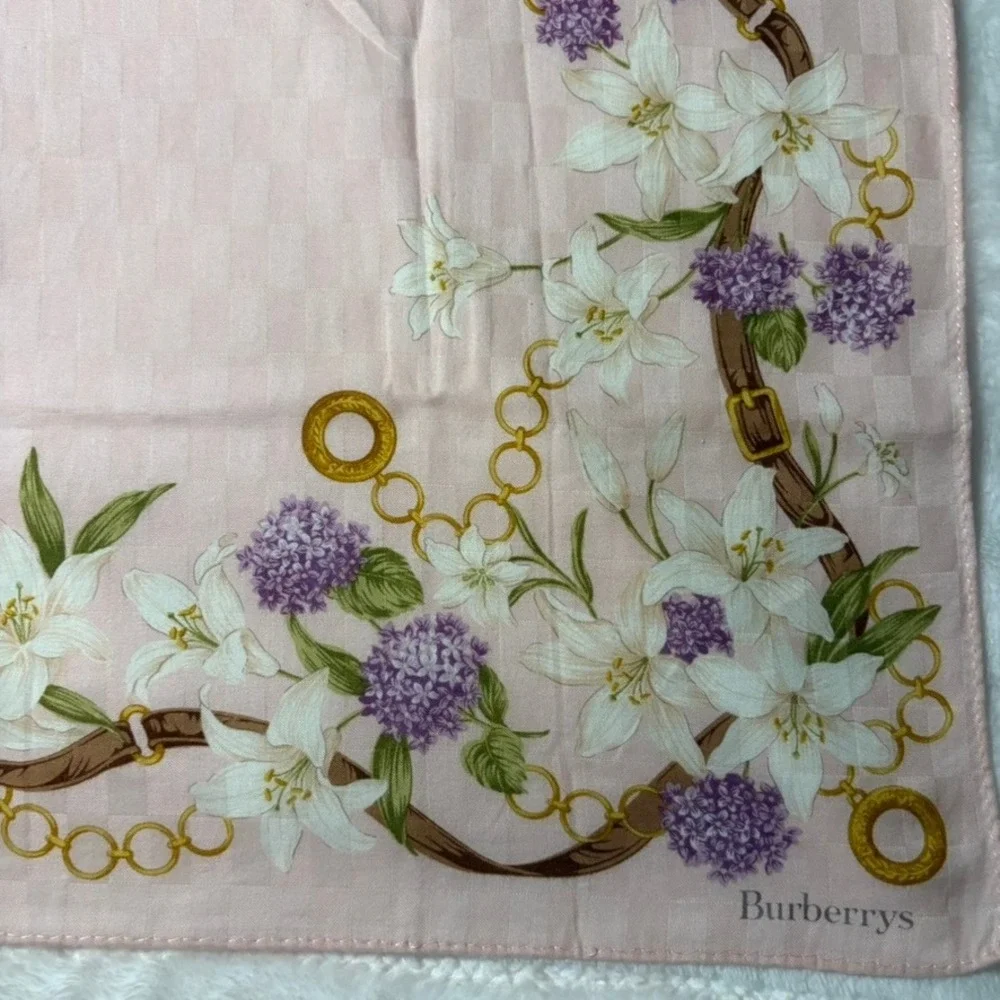 Vtg BURBERRYS Scarf Handkerchief Floral Chain Belt Print Pink Cotton 19x19